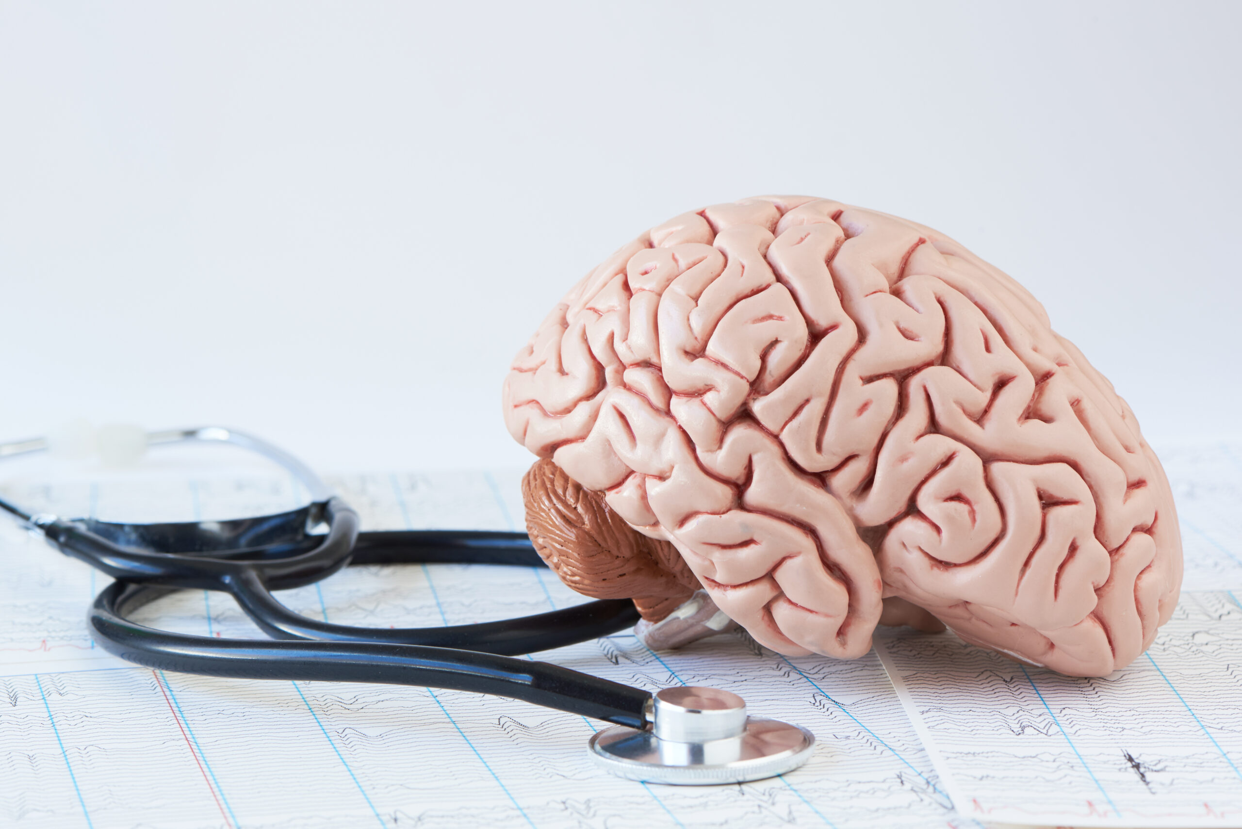 Human brain model and stethoscope on background of brain waves f